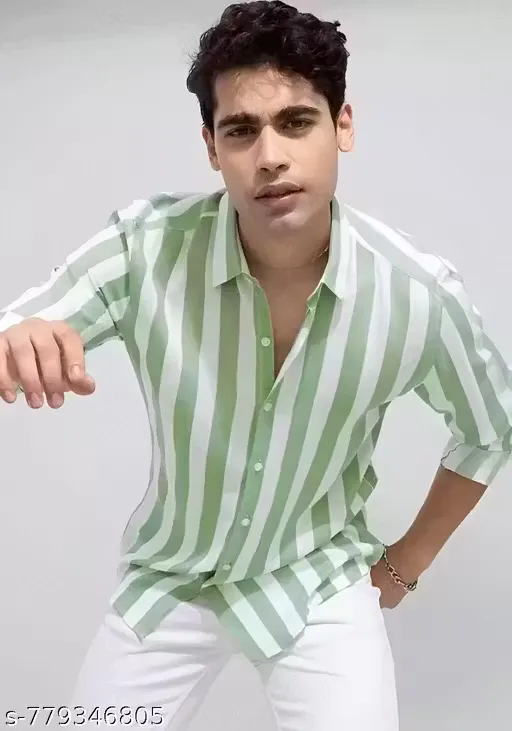 [779346805] Men's Sage Green & White Vertical Stripe Oversized Shirt